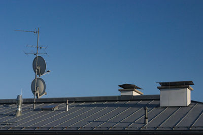 Antenna and satellite dish on house roof against clear blue sky