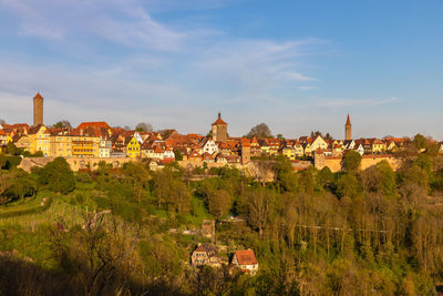 Buildings in town against sky