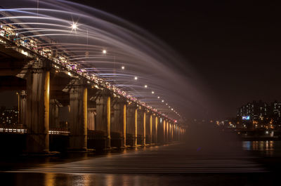 Low angle view of water flowing from bridge in river against sky at dusk