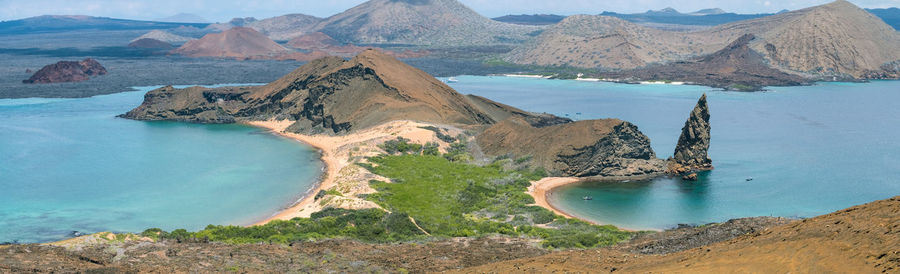 High angle view of bartolome island pinnacle and bay in galapagos islands