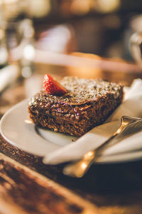 Close-up of cake in plate on table