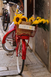Bicycle parked against yellow wall