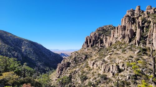 Scenic view of mountains against clear blue sky