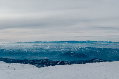 Scenic view of snow covered mountains against sky