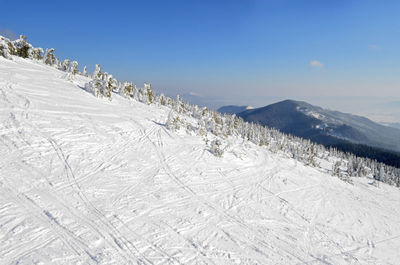 Scenic view of snowcapped mountains against sky