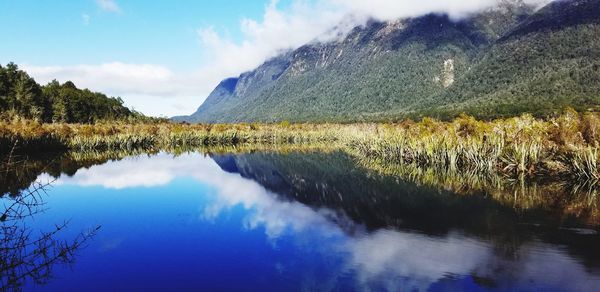 Scenic view of lake with mountain reflection 