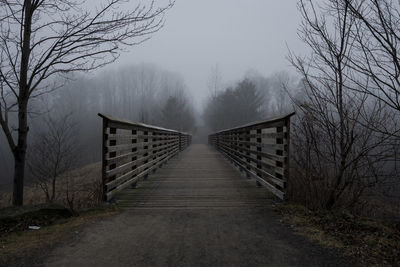 Footpath amidst bare trees against sky during foggy weather