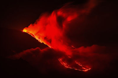 Panoramic view of illuminated mountain against sky at night