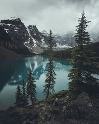 Scenic view of lake and snowcapped mountains against sky