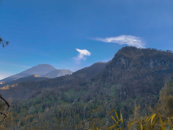 Scenic view of mountains against blue sky