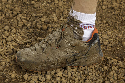 Low section of man standing on mud