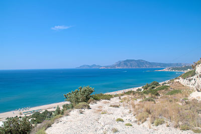 Scenic view of sea against clear blue sky