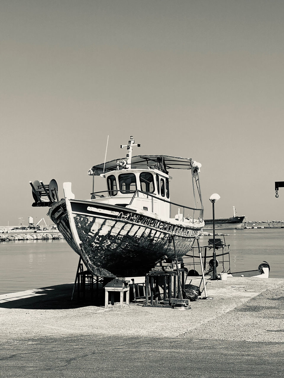 transportation, water, vehicle, mode of transportation, sea, nature, nautical vessel, sky, aviation, aircraft, boat, monochrome, beach, airplane, black and white, no people, monochrome photography, day, copy space, clear sky, land, watercraft, sunny, ship, outdoors, coast, travel, sunlight