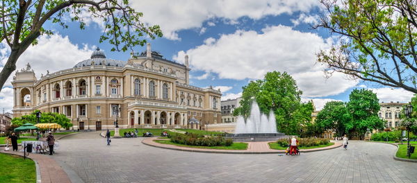 Theater square, the most popular tourist place in odessa, ukraine, on a sunny spring day