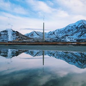 Scenic view of snow covered mountains against sky