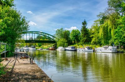 Boats moored on river by trees against sky