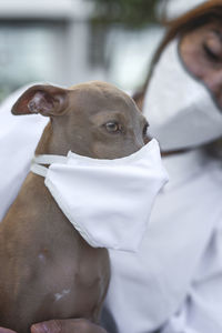 Close-up of man and dog wearing masks