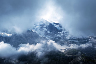 Aerial view of snowcapped mountains against sky