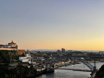 High angle view of city at sunset