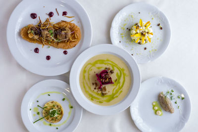 High angle view of food served on table