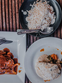 High angle view of meal served on table