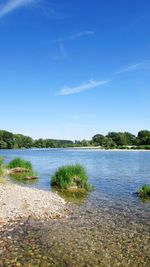 Scenic view of lake against blue sky