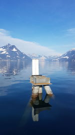 Scenic view of lake by snowcapped mountain against sky