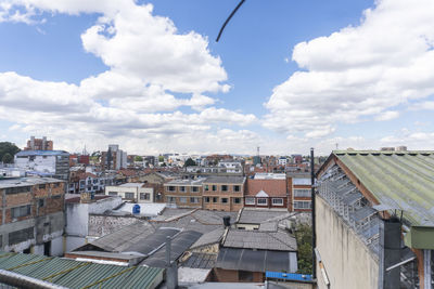 High angle view of buildings against sky