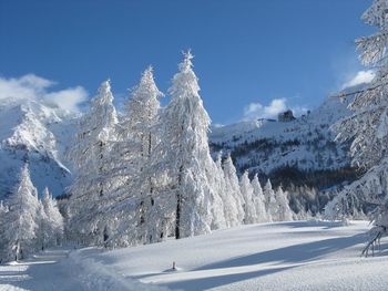 Snow covered landscape against sky