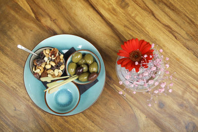 High angle view of fruits in bowl on table