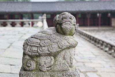 Close-up of buddha statue against built structure