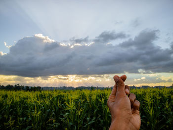 Midsection of person on field against sky