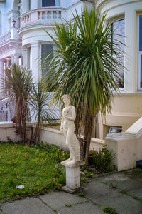 Statue by palm trees against built structure