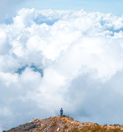 Rear view of man standing on mountain against sky