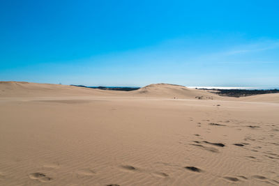 Sand dunes in desert against blue sky