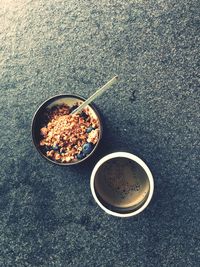 High angle view of breakfast on table