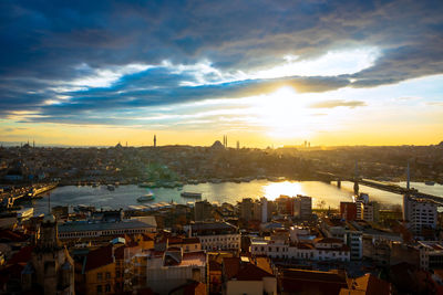 High angle view of city buildings during sunset