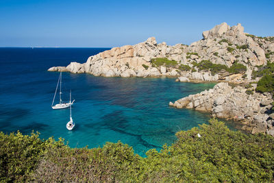 Scenic view of sea against clear blue sky