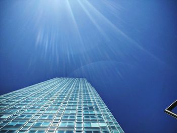 Low angle view of modern building against clear blue sky