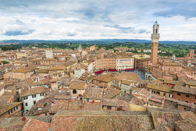 High angle view of buildings in city