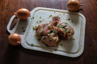 High angle view of food in plate on table