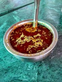 High angle view of water in bowl on table