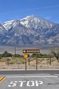 Road sign for manzanar historic site where japanese americans were interred during world war 2