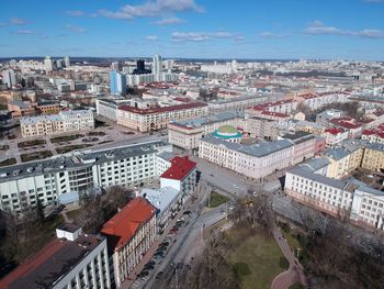 High angle view of street amidst buildings in city