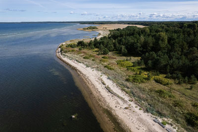 Aerial drone view over northern coastline of baltic sea.