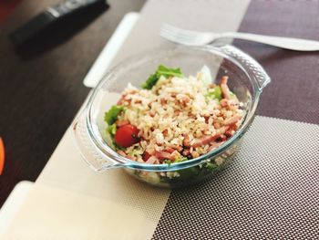 High angle view of food in bowl on table