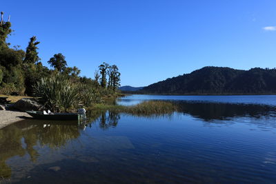 Scenic view of calm lake against clear sky