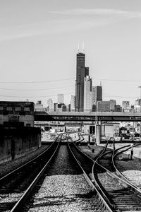 Railroad tracks amidst buildings in city against clear sky