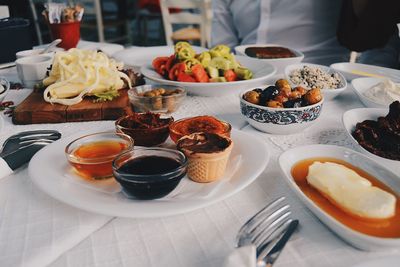 High angle view of breakfast served on table