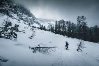 People skiing on snowcapped mountain during winter